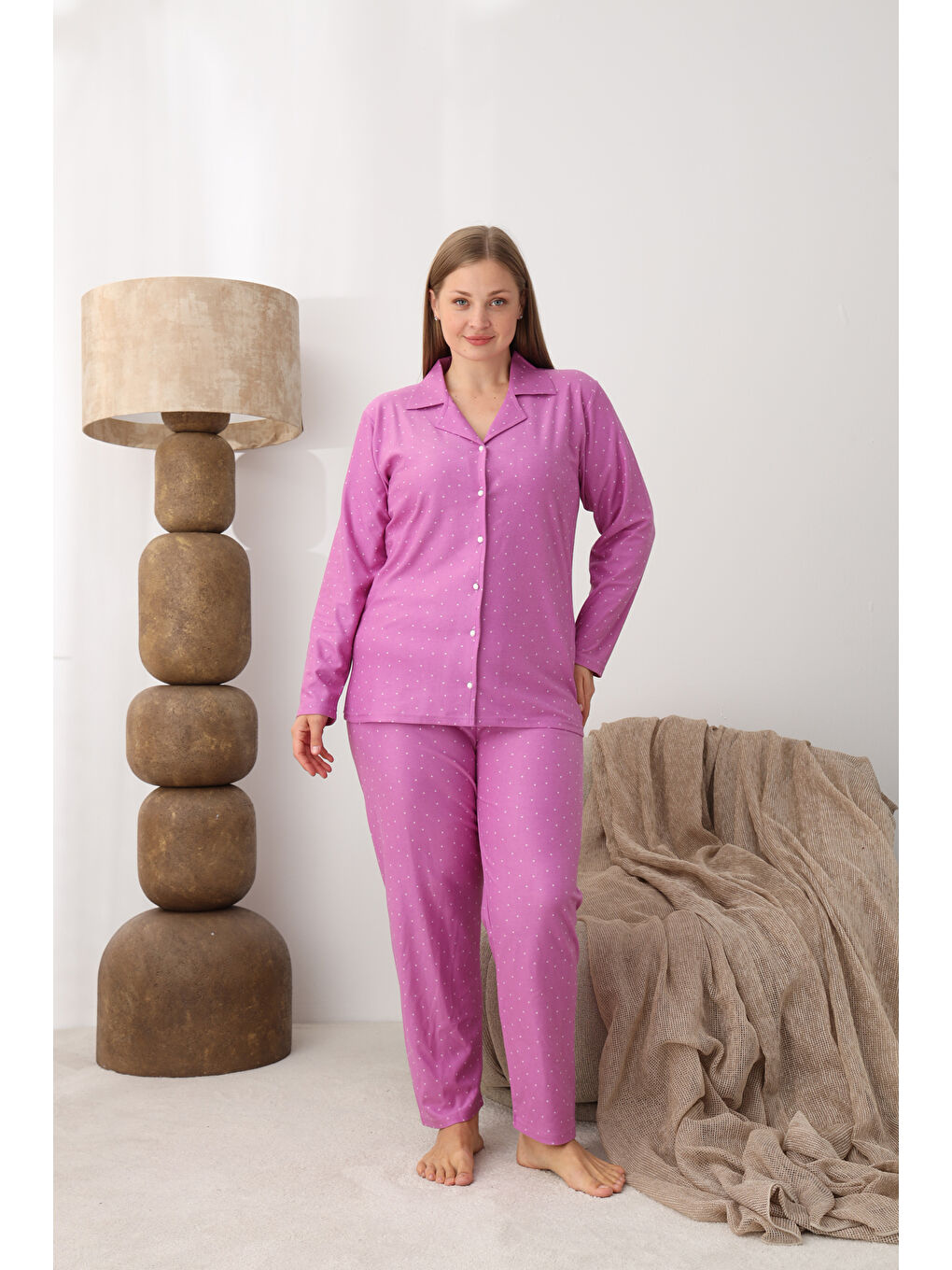 Lila Boydan Düğmeli Süet Kumaş Büyük Beden Kadın Pijama Takımı 2170-1