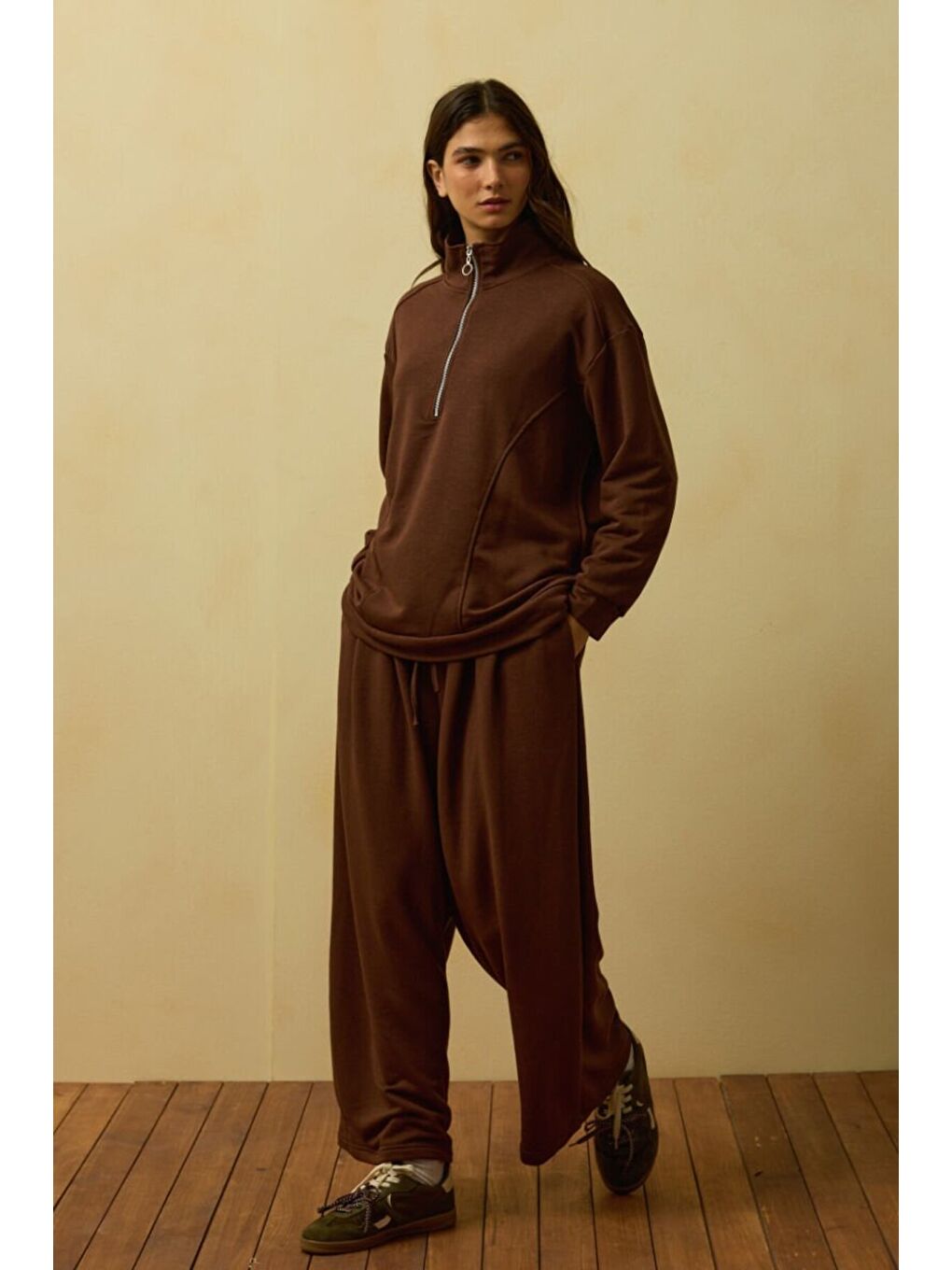 Kahverengi Acı Kahve 3 İplik Yarım Fermuarlı Eşofman Takım-1