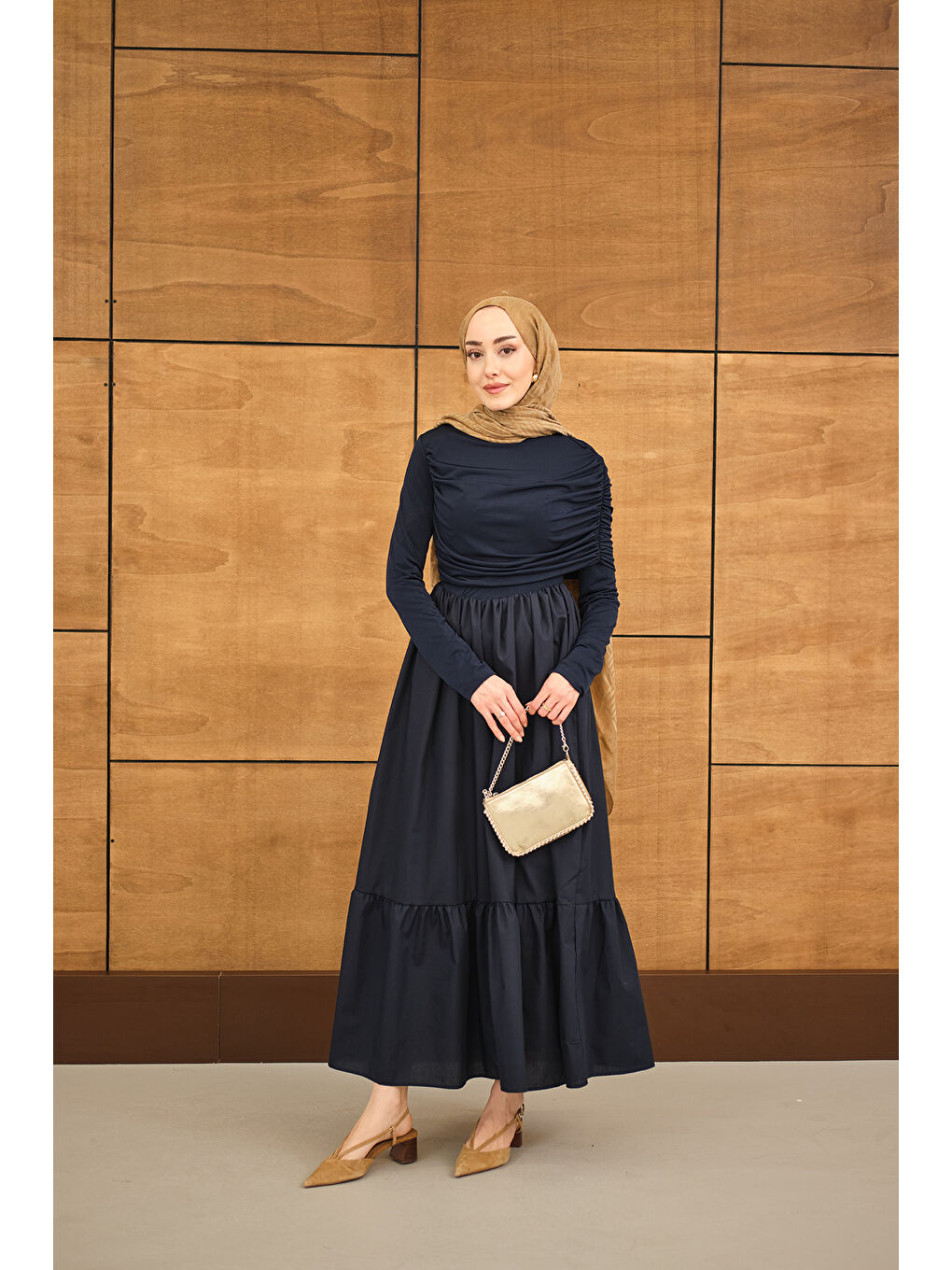 Kadın Büzgü Detaylı Sandy Poplin Elbise Lacivert-4