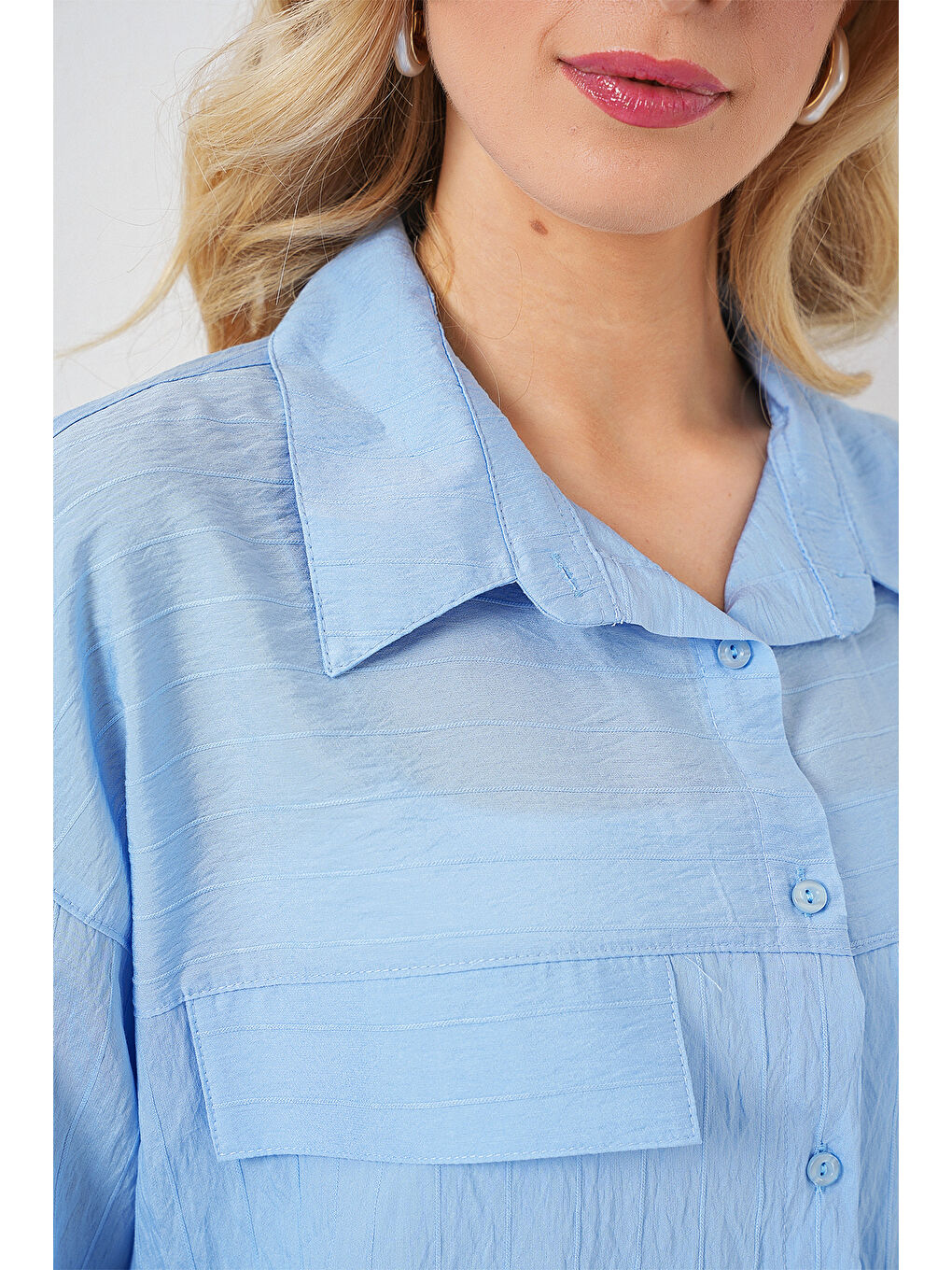 Kadın Cep Detaylı Kısa Kol Gömlek 20317 - Mavi-4