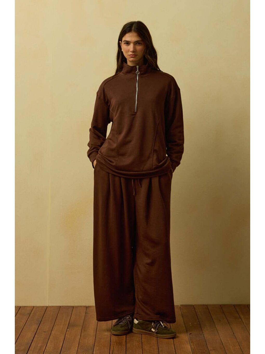 Kahverengi Acı Kahve 3 İplik Yarım Fermuarlı Eşofman Takım-2