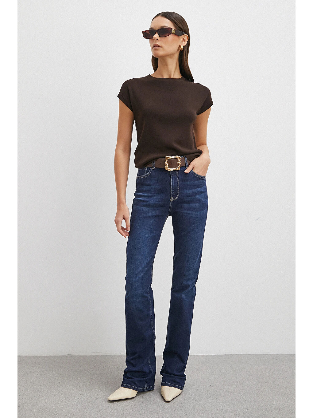 Yüksek Bel Elastanlı İspanyol Paça Jean Lacivert-3