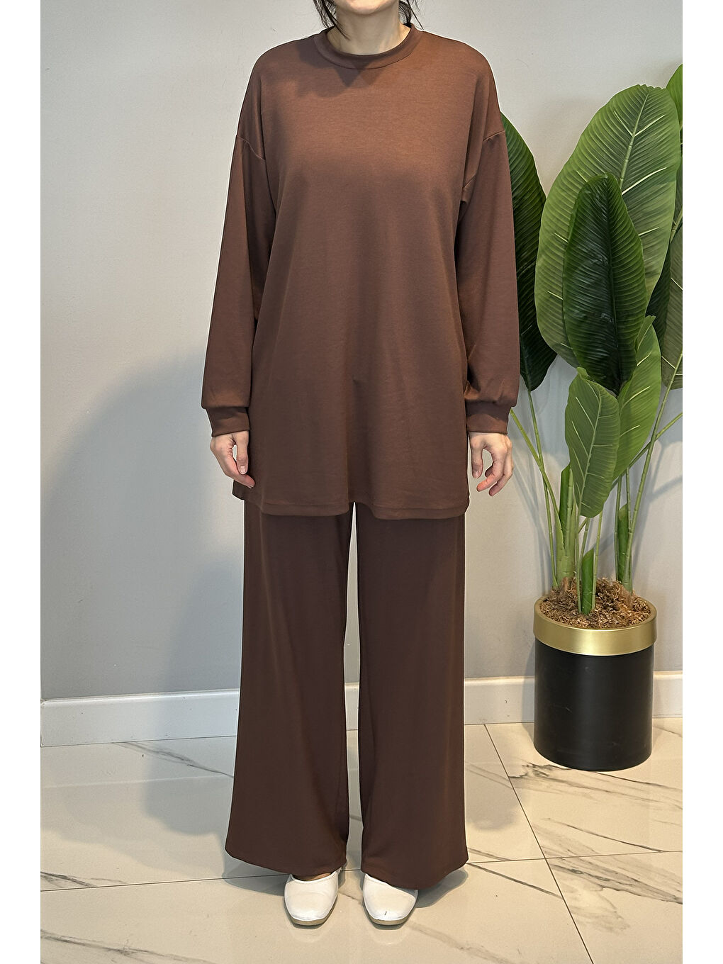 Örme Modal Pantolonlu Takım 19590 Kahverengi-1