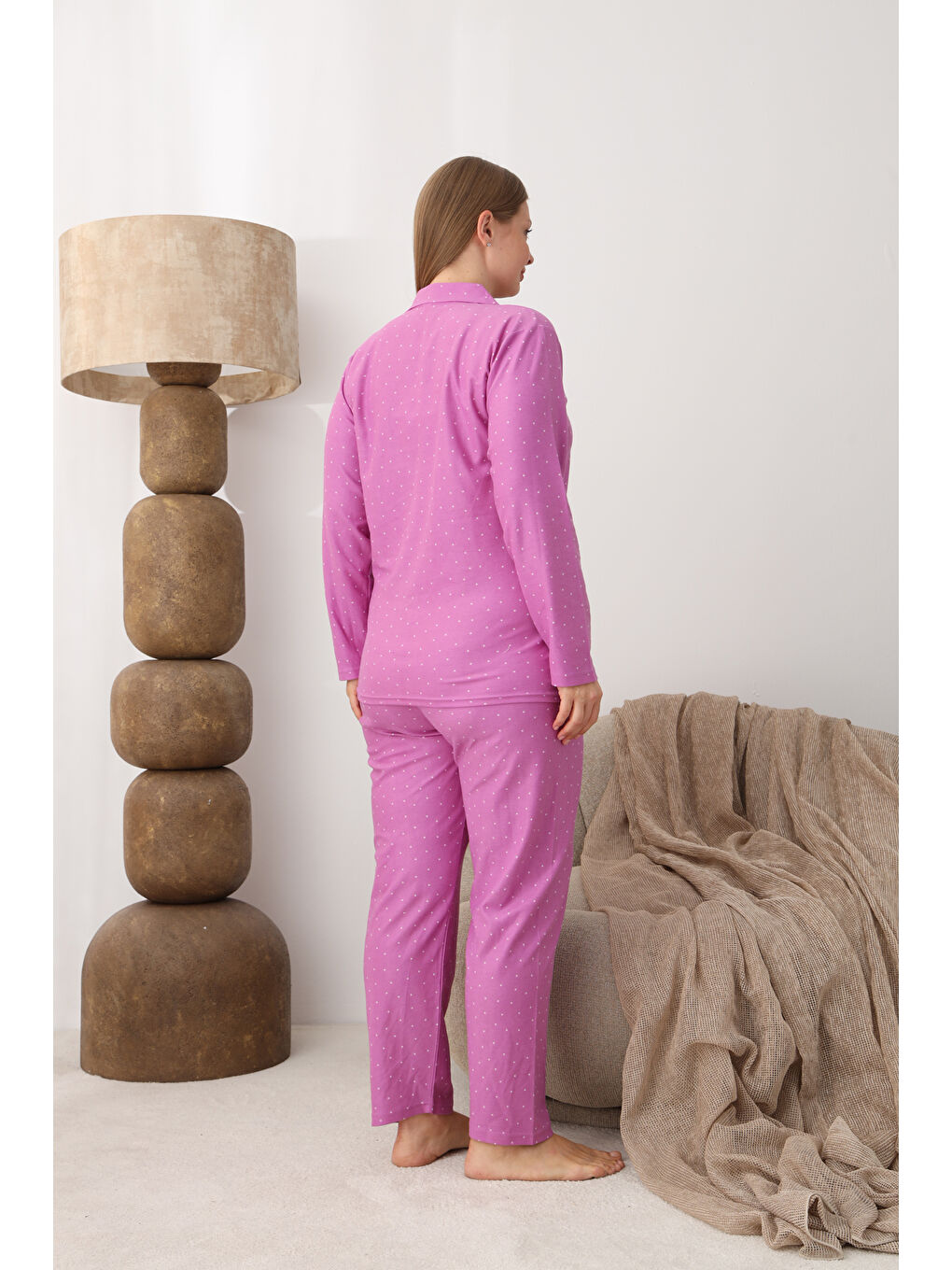 Lila Boydan Düğmeli Süet Kumaş Büyük Beden Kadın Pijama Takımı 2170-3