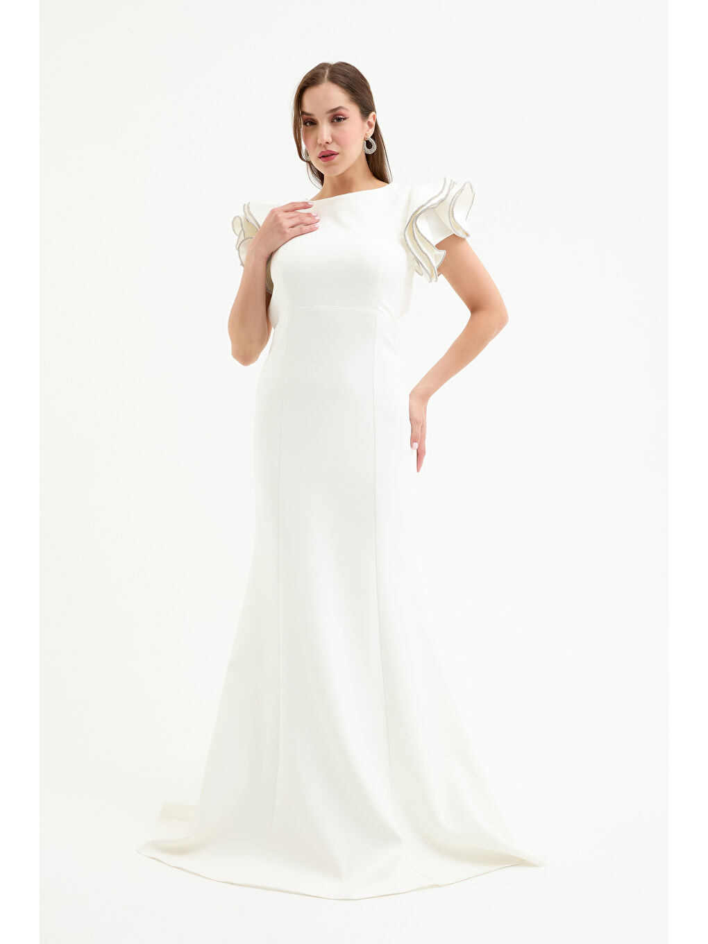 Kadın Beyaz Sırt Dekolteli Uzun Abiye Elbise-2