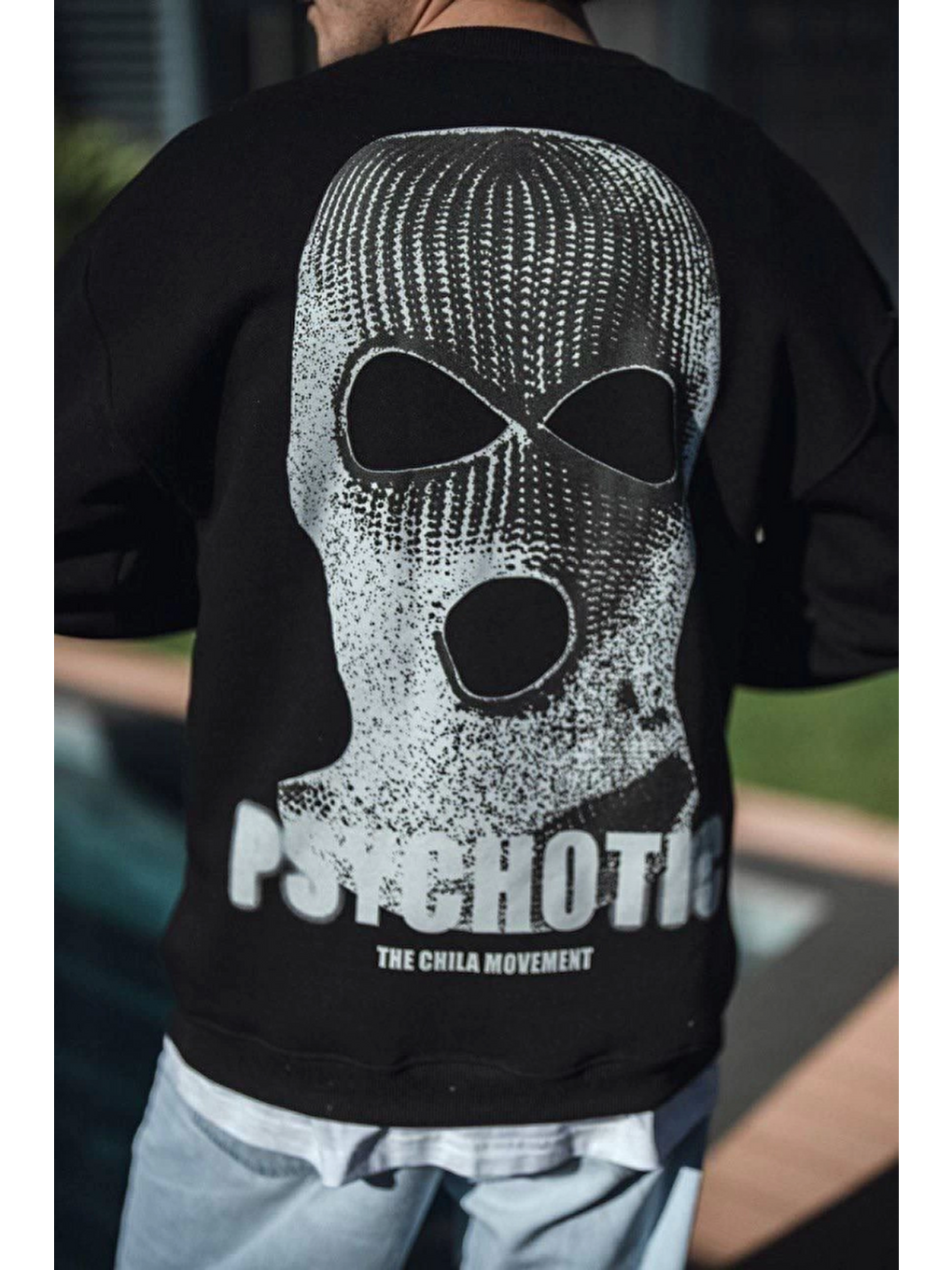 Kışlık Bisiklet Yaka Baskılı Sweatshirt - Siyah-1