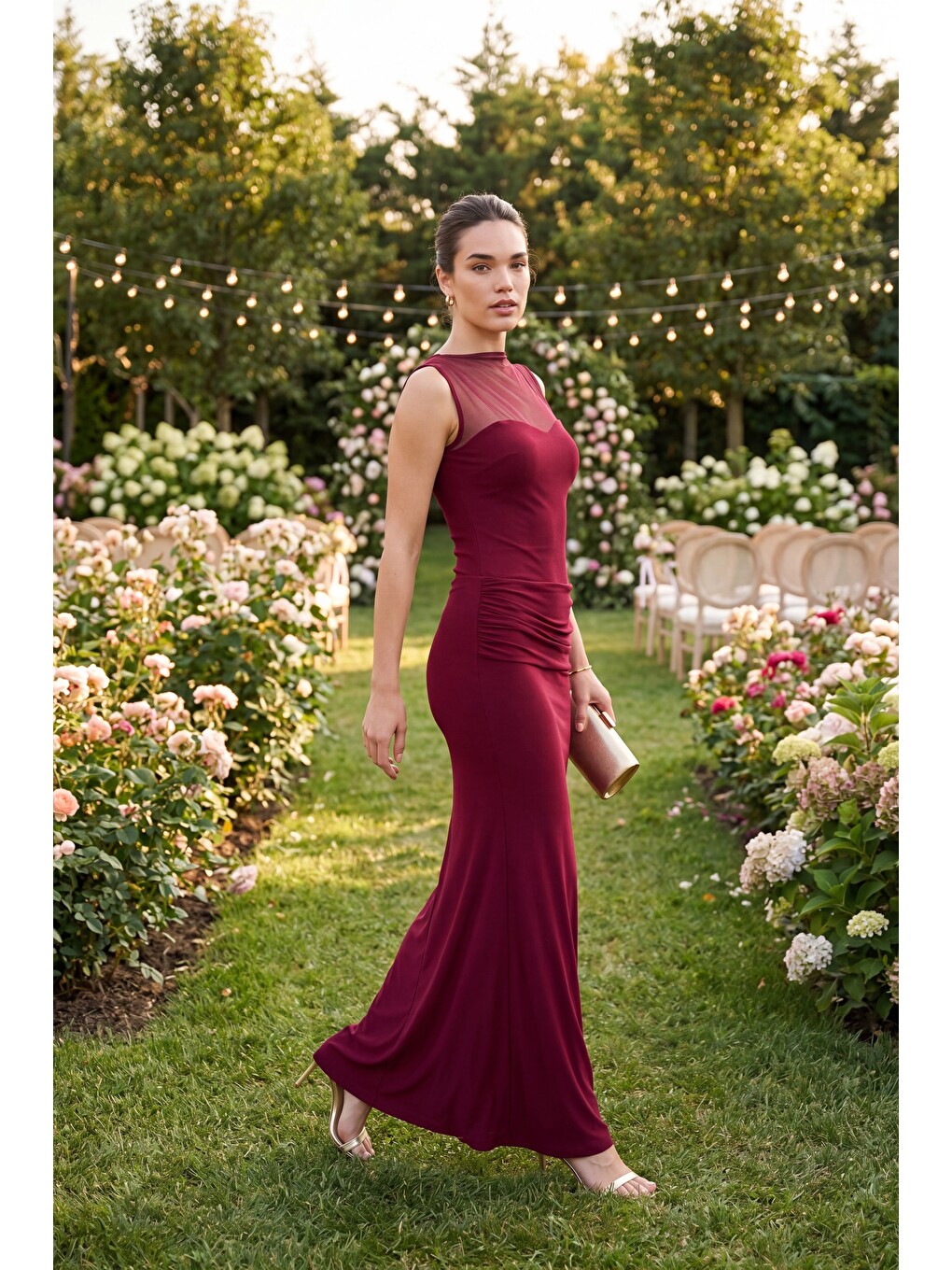 Kadın Bordo Bisiklet Yaka Tül Detay Örme Elbise-4
