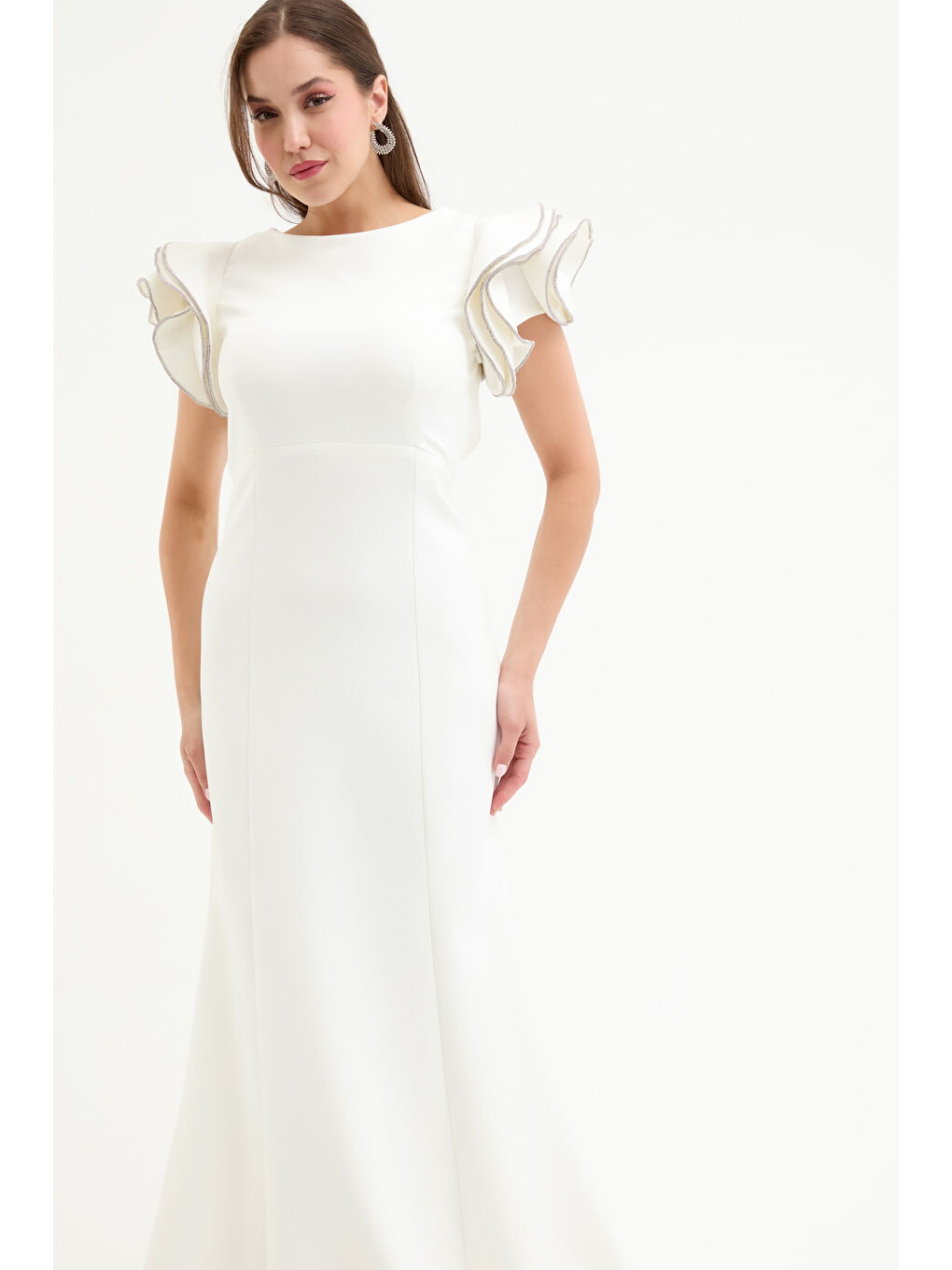 Kadın Beyaz Sırt Dekolteli Uzun Abiye Elbise-3
