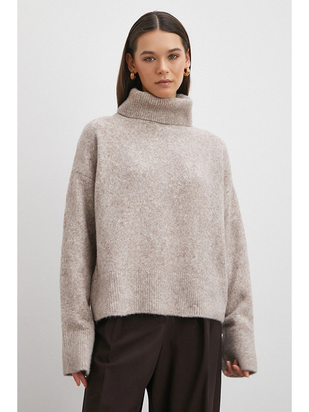 Balıkçı Yaka Uzun Kollu Kazak Gri-2