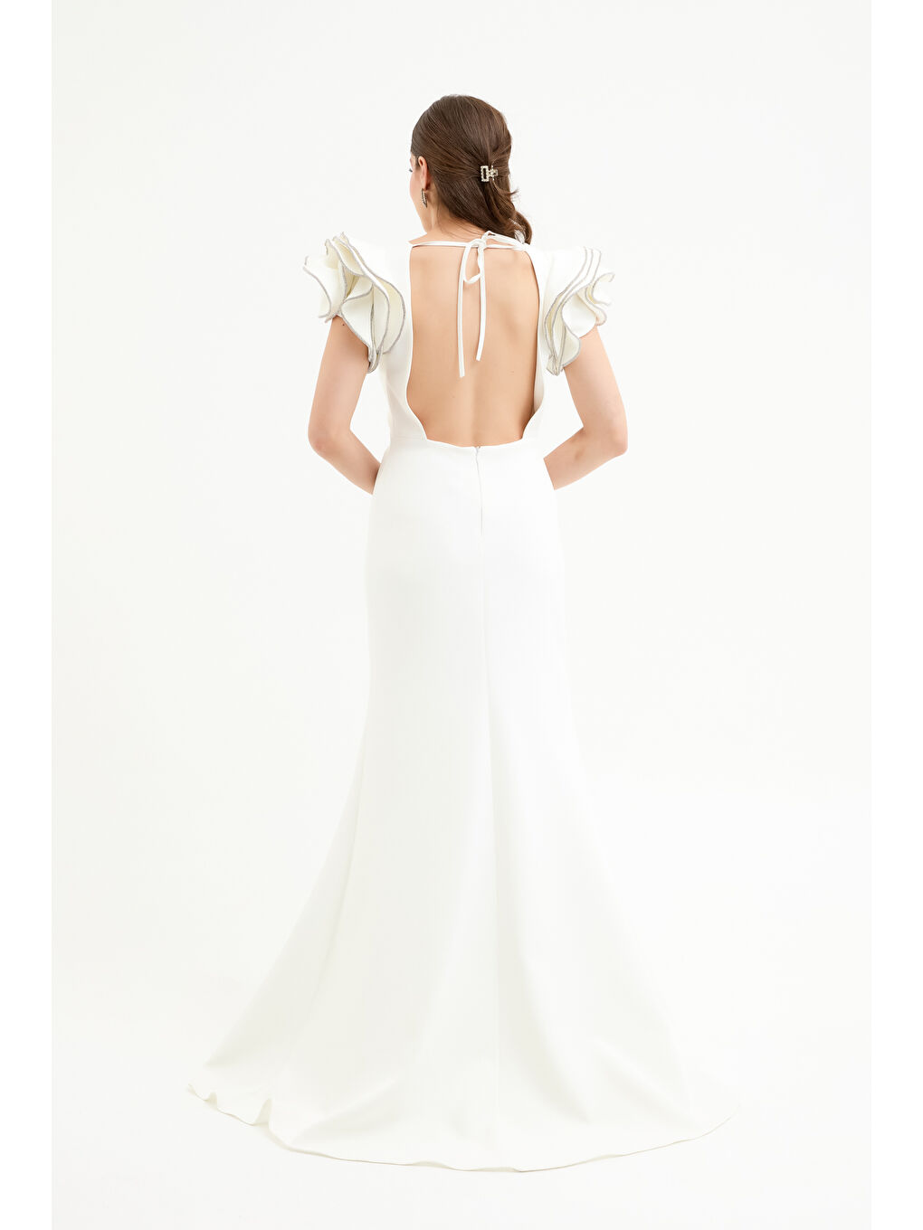 Kadın Beyaz Sırt Dekolteli Uzun Abiye Elbise-4