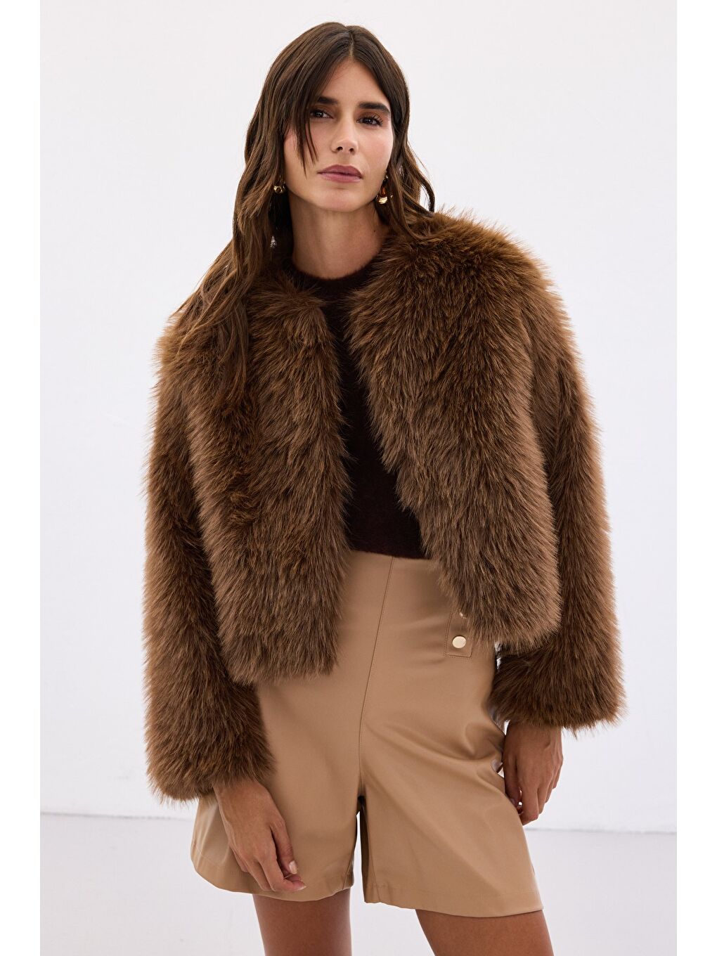 Kahverengi Yakasız Kürk - Kahve