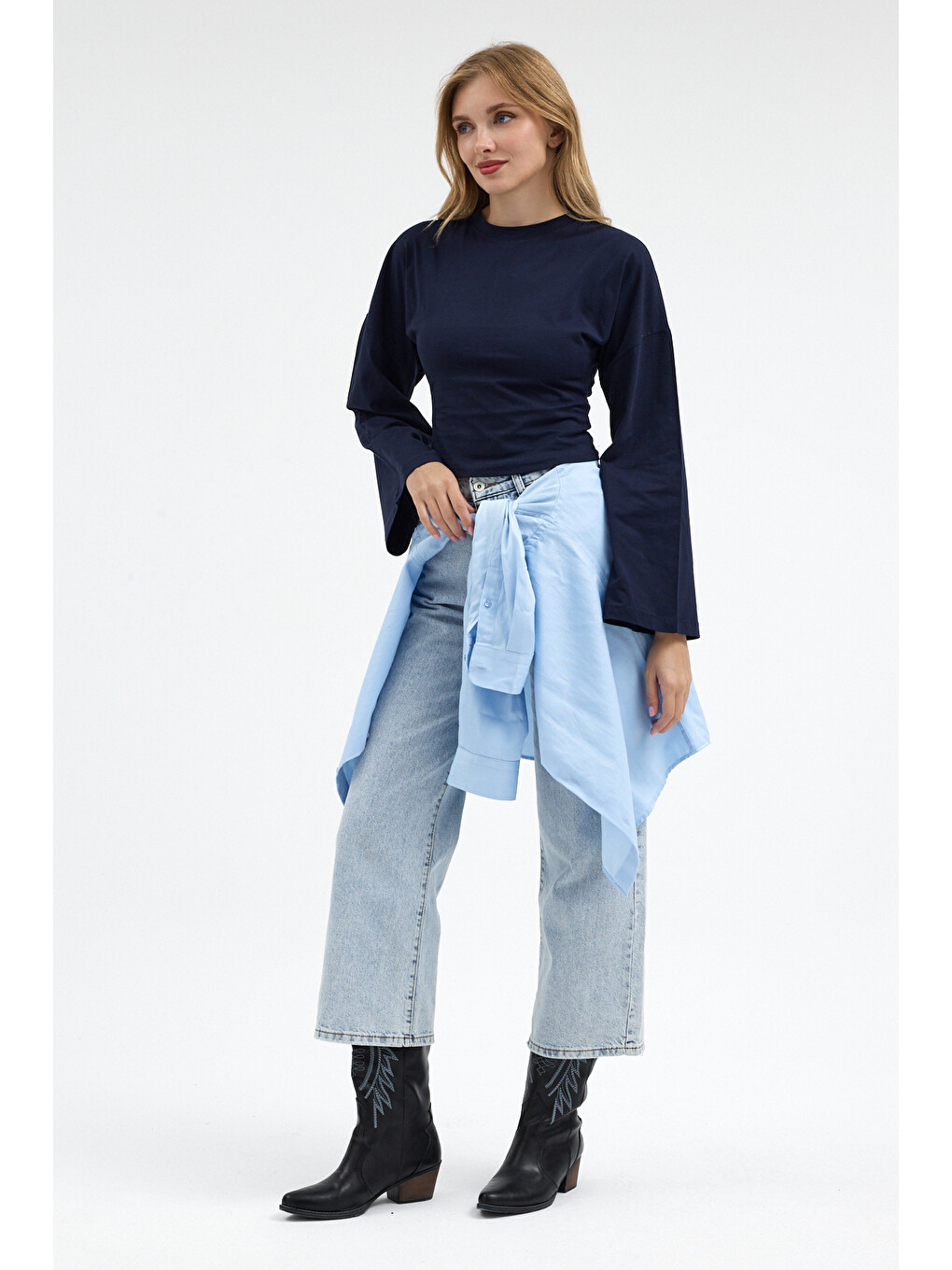 Kadın Basic Geniş Kol Lacivert Crop Bluz-1
