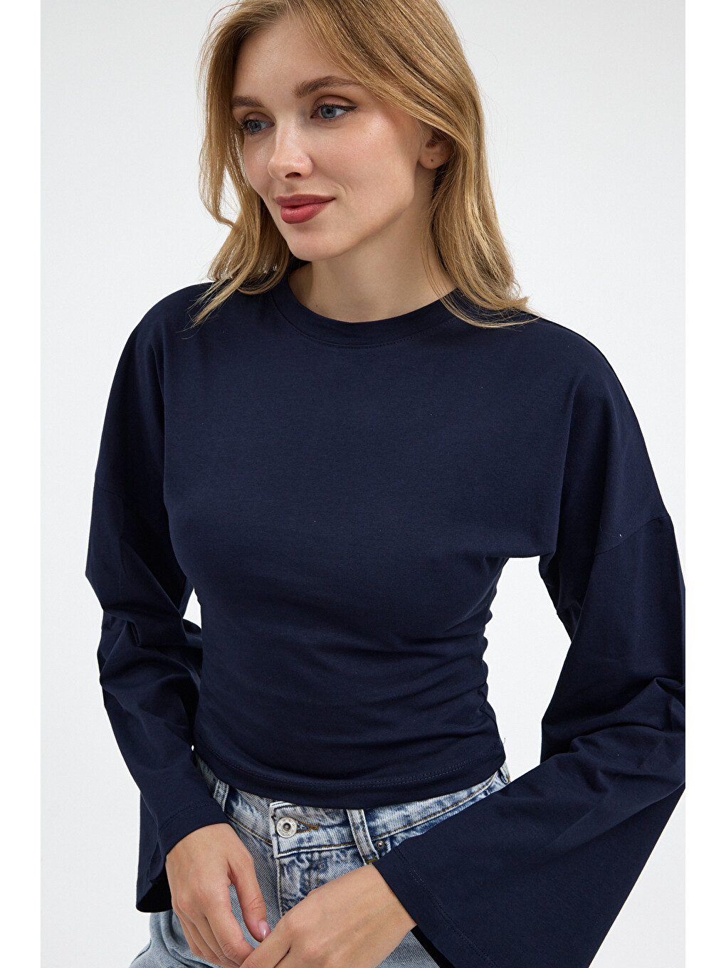 Kadın Basic Geniş Kol Lacivert Crop Bluz-2