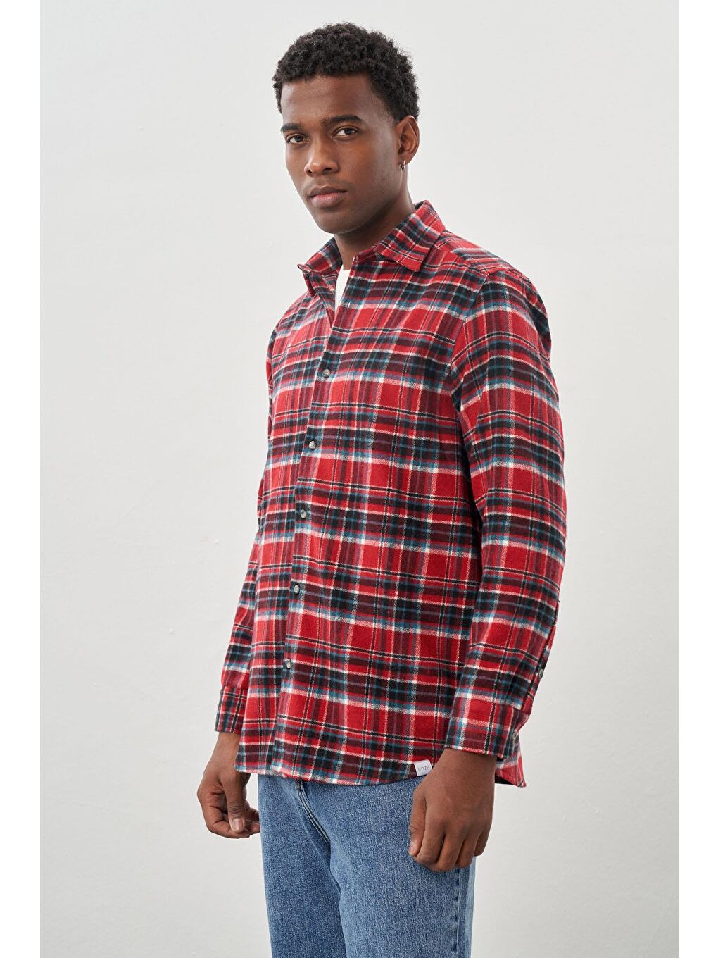 Kırmızı Yünlü Ekose Desen Yumuşak Yaka Cepsiz Uzun Kol Casual Comfort Fit Gömlek 1004245227