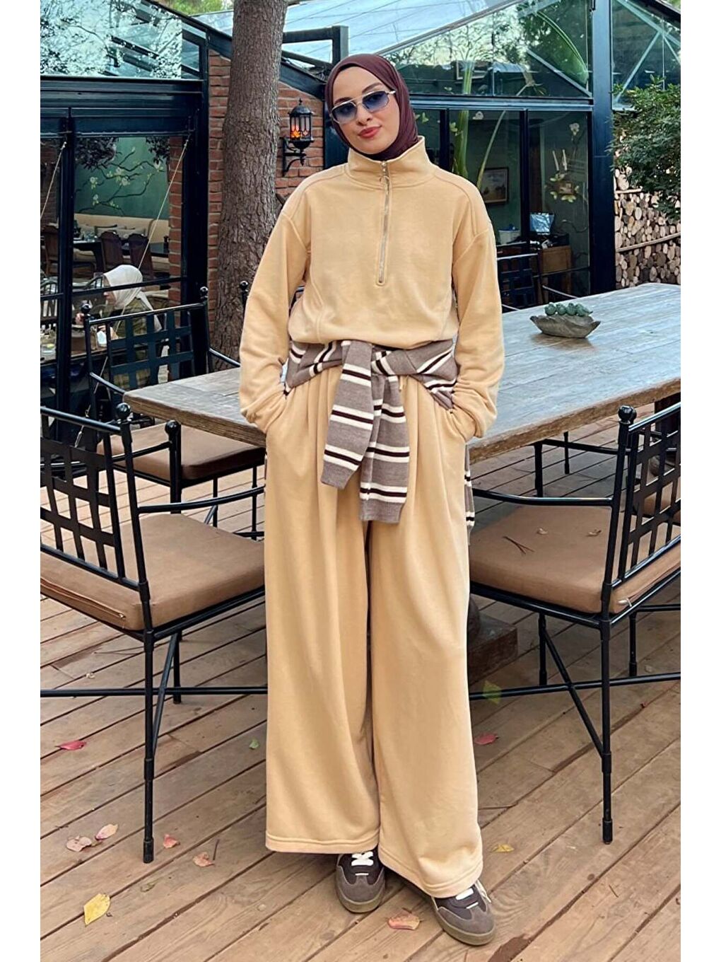 Bej 3 İplik Yarım Fermuarlı Eşofman Takım