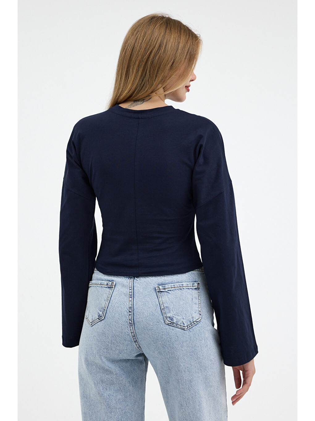 Kadın Basic Geniş Kol Lacivert Crop Bluz-3