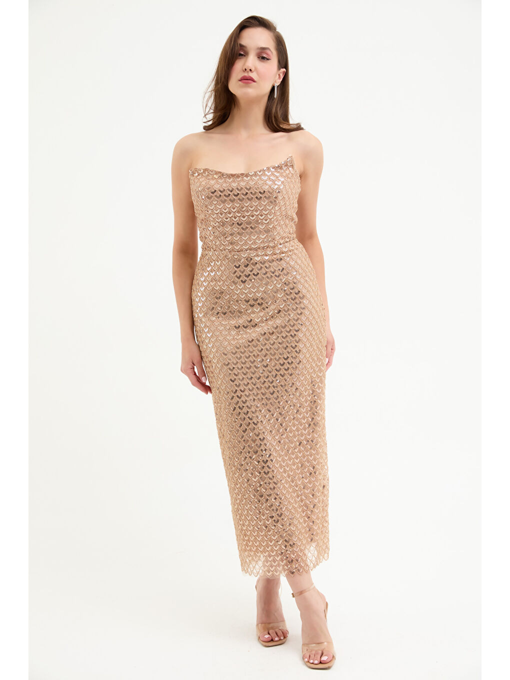 Sarı Kadın Gold Straplez Boncuklu Midi Abiye Elibse-1