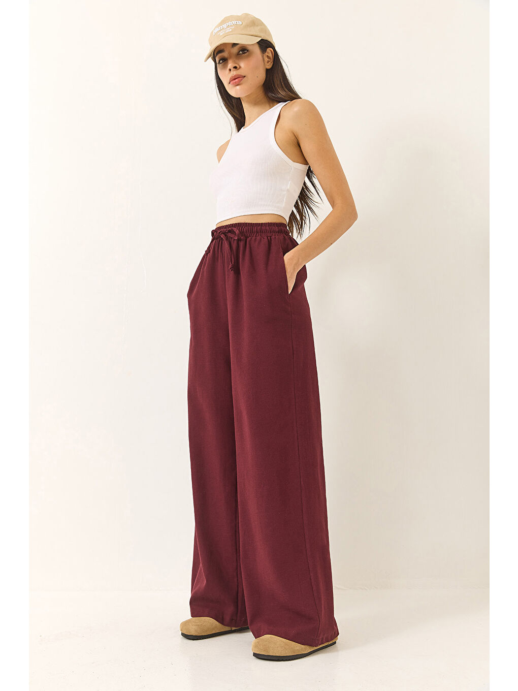 Bordo Kadın Beli Lastikli Bağlama Detaylı Cepli Keten Geniş Jogger Pantolon-2