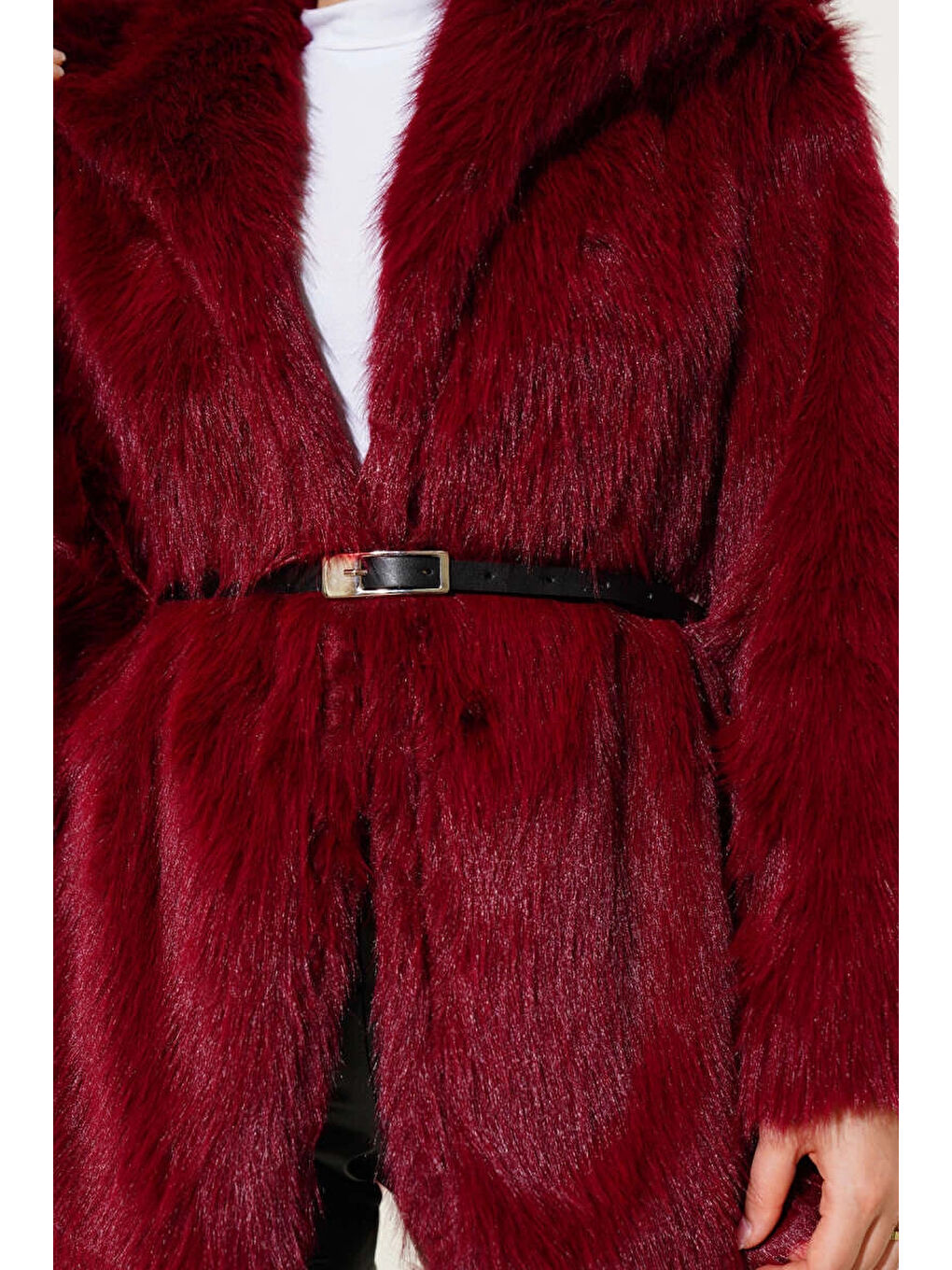 Kadın Bordo Kemer Detaylı Astarlı Pelüş Kürk Mont HZL25W-BD191561-3
