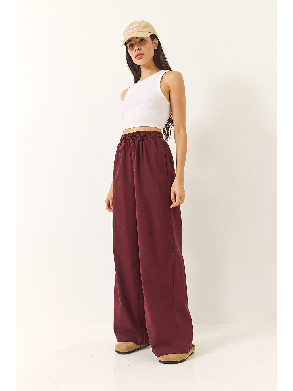 Bordo Kadın Beli Lastikli Bağlama Detaylı Cepli Keten Geniş Jogger Pantolon-3