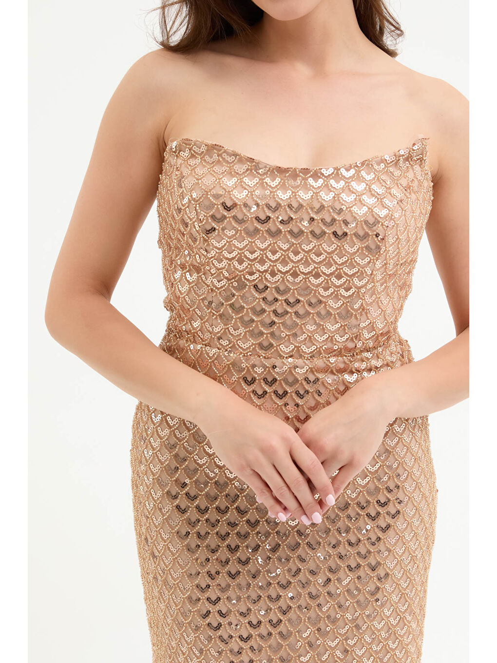 Sarı Kadın Gold Straplez Boncuklu Midi Abiye Elibse-3