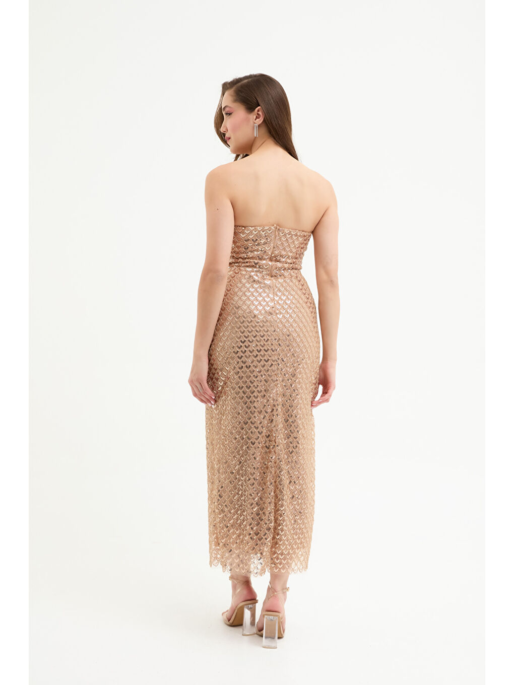 Sarı Kadın Gold Straplez Boncuklu Midi Abiye Elibse-4