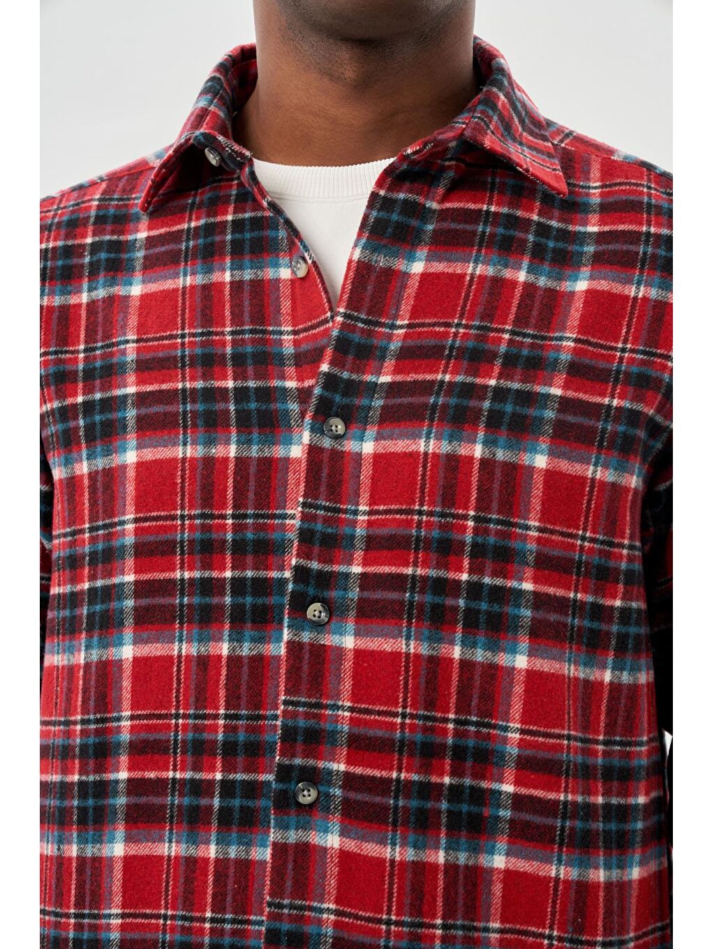 Kırmızı Yünlü Ekose Desen Yumuşak Yaka Cepsiz Uzun Kol Casual Comfort Fit Gömlek 1004245227-3