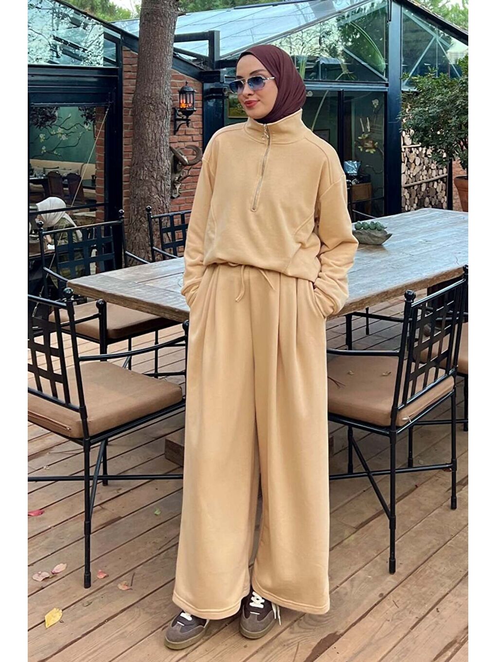 Bej 3 İplik Yarım Fermuarlı Eşofman Takım-2