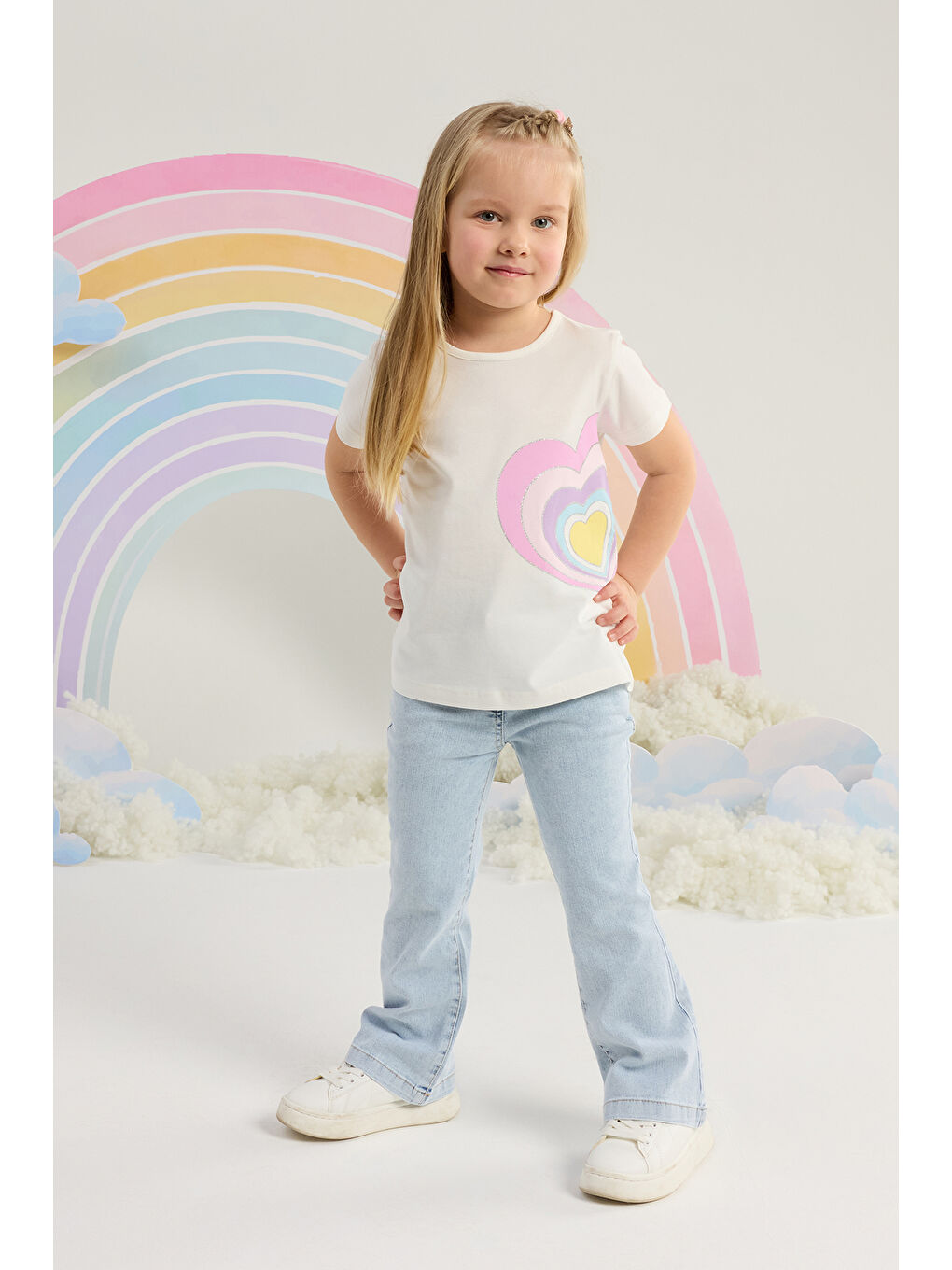 Kız Çocuk Kalp Baskılı Kız Çocuk Tişört  2-6 Yaş Beyaz