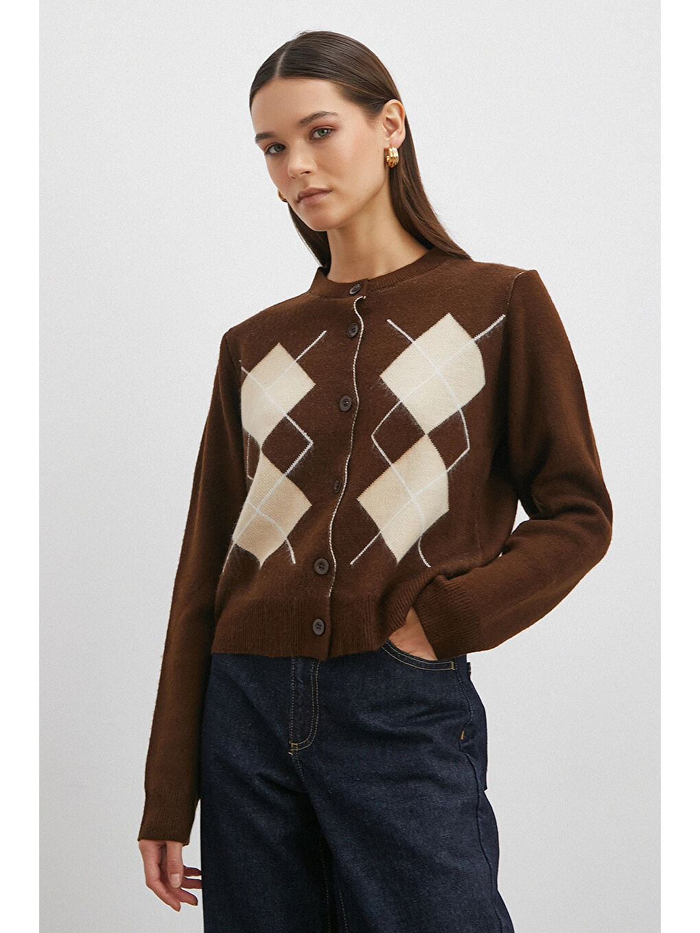 Karışık Düğmeli Baklava Desenli Hırka Kahve-2