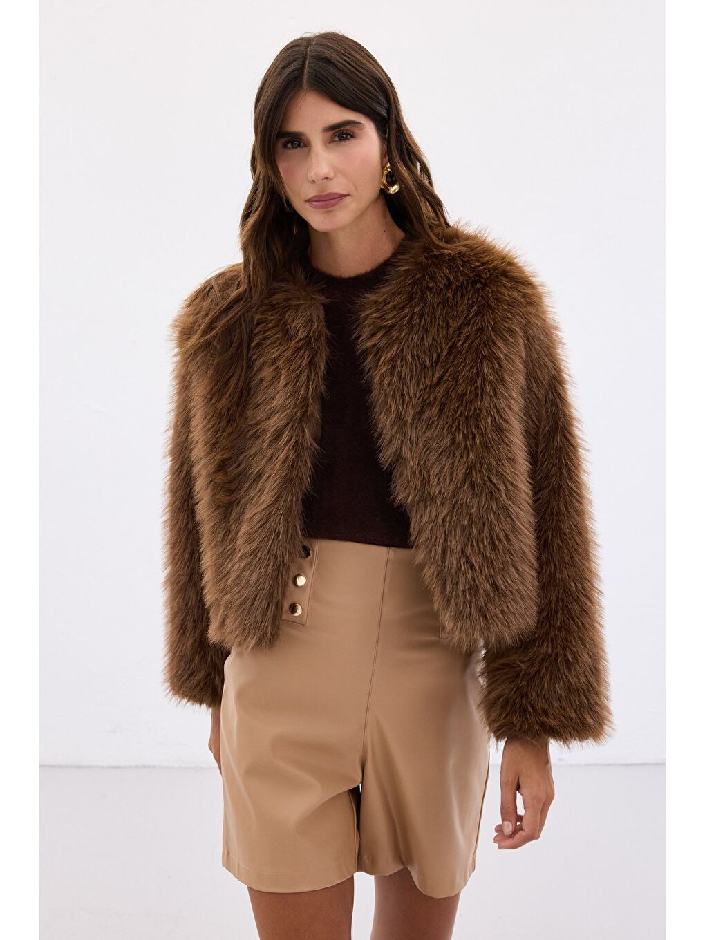 Kahverengi Yakasız Kürk - Kahve-5