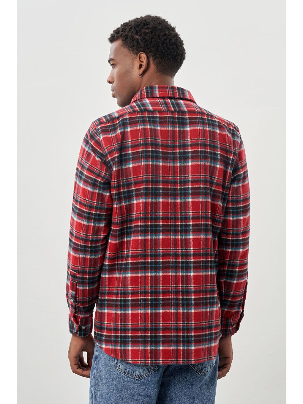 Kırmızı Yünlü Ekose Desen Yumuşak Yaka Cepsiz Uzun Kol Casual Comfort Fit Gömlek 1004245227-4