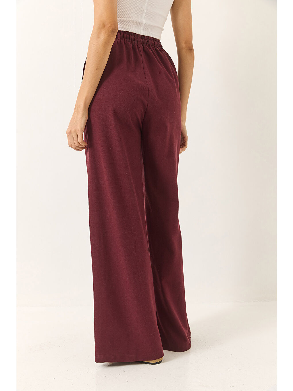 Bordo Kadın Beli Lastikli Bağlama Detaylı Cepli Keten Geniş Jogger Pantolon-5