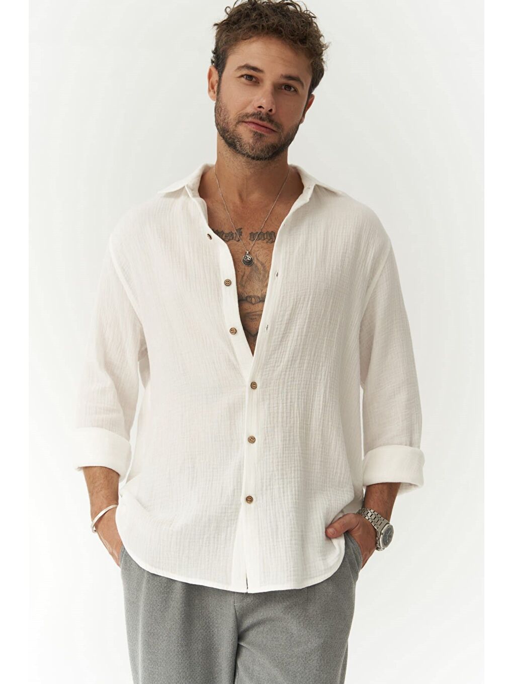 Herman Oversize Erkek Beyaz Müslin Gömlek
