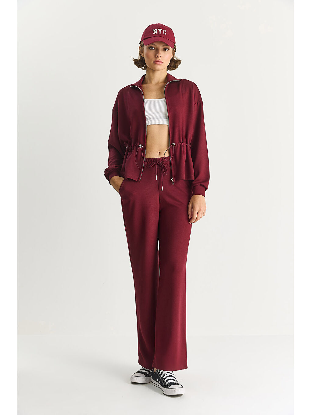 Bordo Kadın Yumuşak Dokulu Bel Ayarlamalı Ceket Pantolon Modal Takım-1