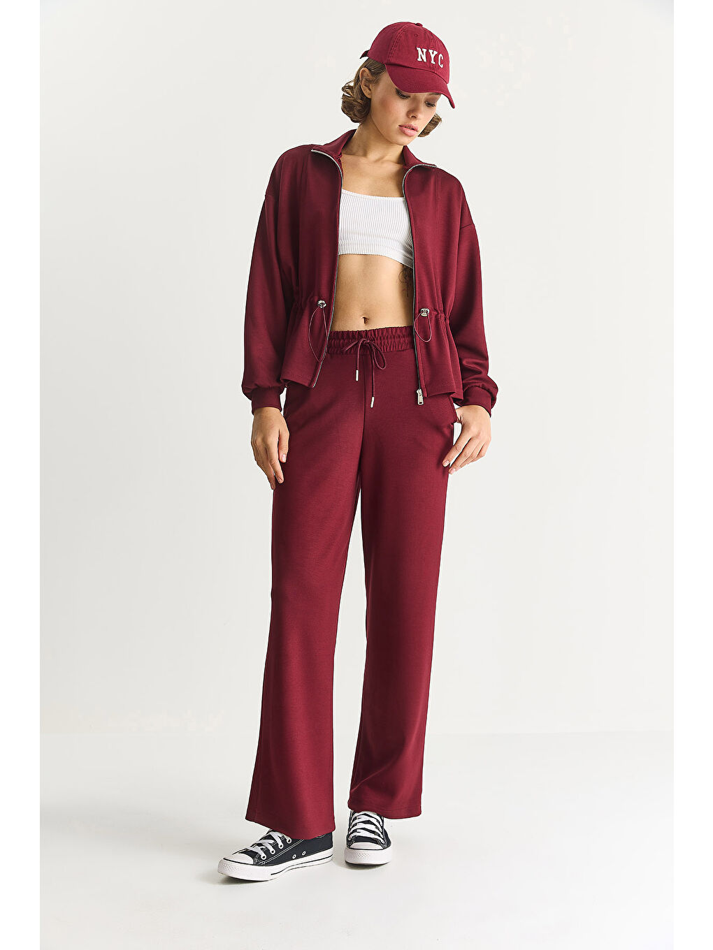 Bordo Kadın Yumuşak Dokulu Bel Ayarlamalı Ceket Pantolon Modal Takım-2