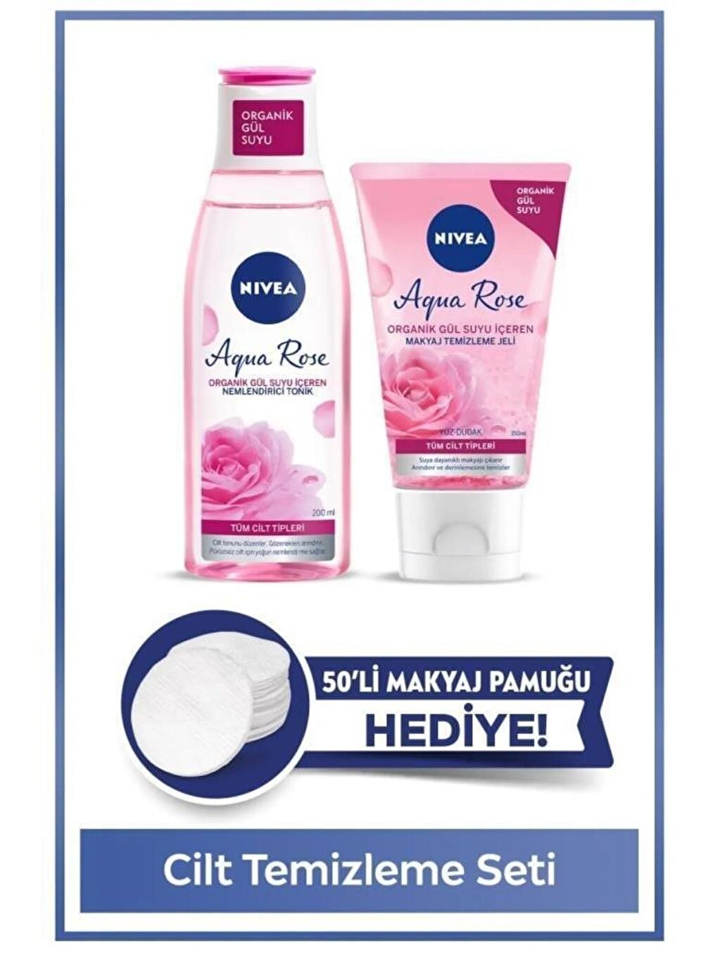 NIVEA Aqua Rose Yüz Temizleme Seti, Tonik 200ml,Yüz Temizleyici Jel, Gül Suyu, Makyaj Pamuğu Hediye