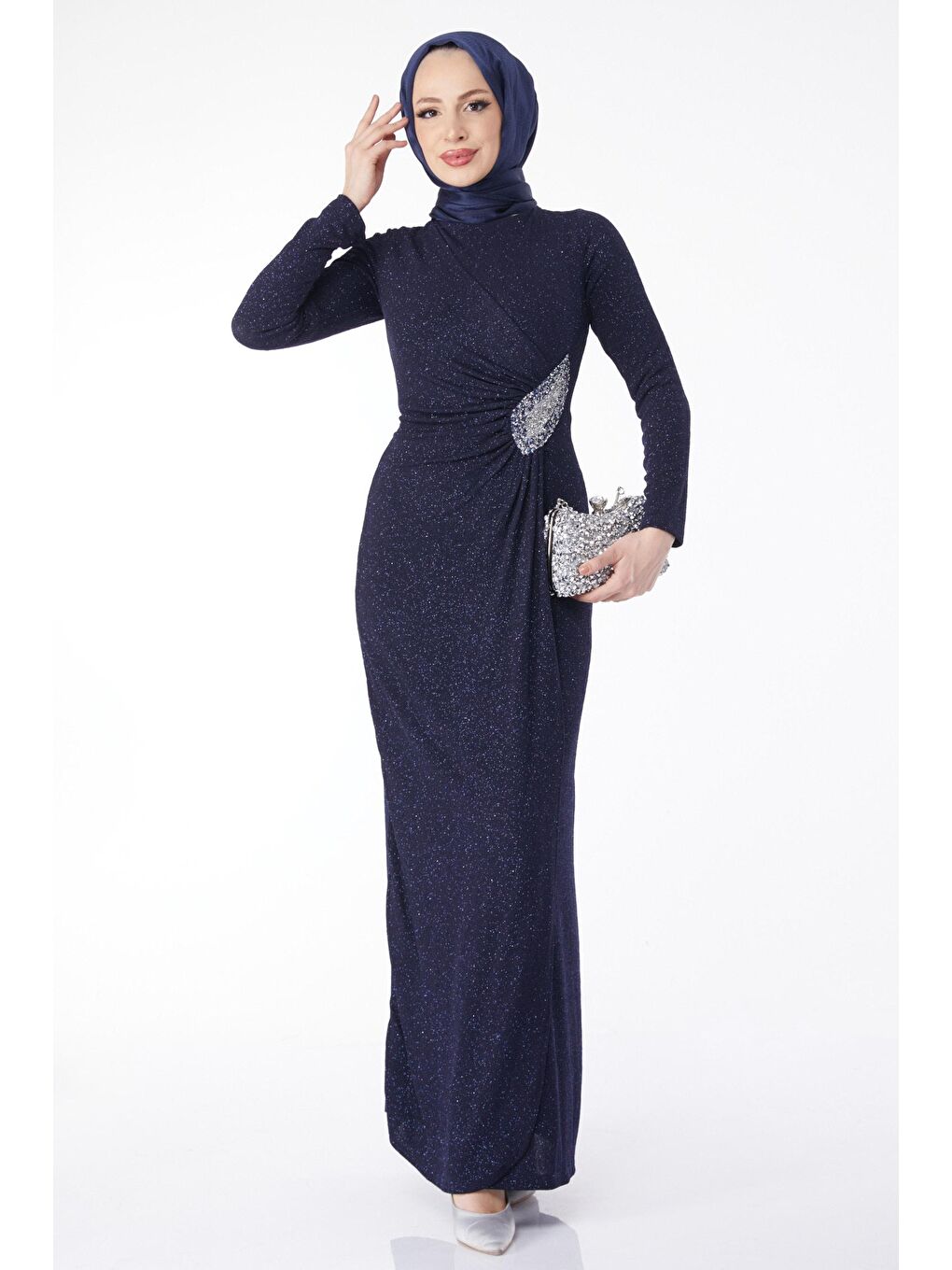 Bisiklet Yaka Kadın Lacivert Beli Taş Detaylı Abiye Elbise - 24586-1