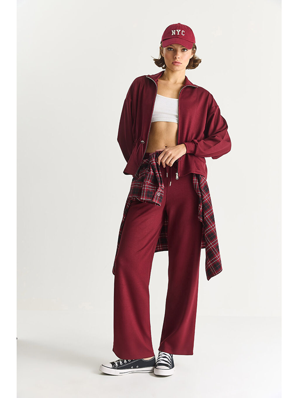 Bordo Kadın Yumuşak Dokulu Bel Ayarlamalı Ceket Pantolon Modal Takım-3