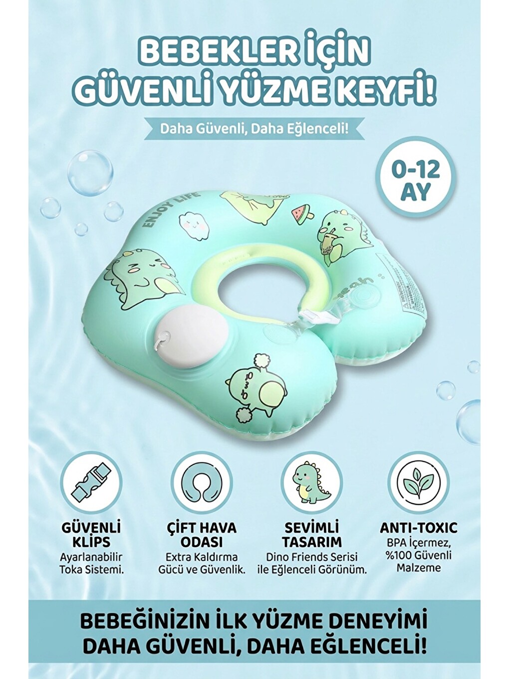 Karışık Pompa Gerektirmeyen Çocuk Yüzme Simidi Süngerli Yeni Nesil Çift Emniyet Tokalı Yeşil