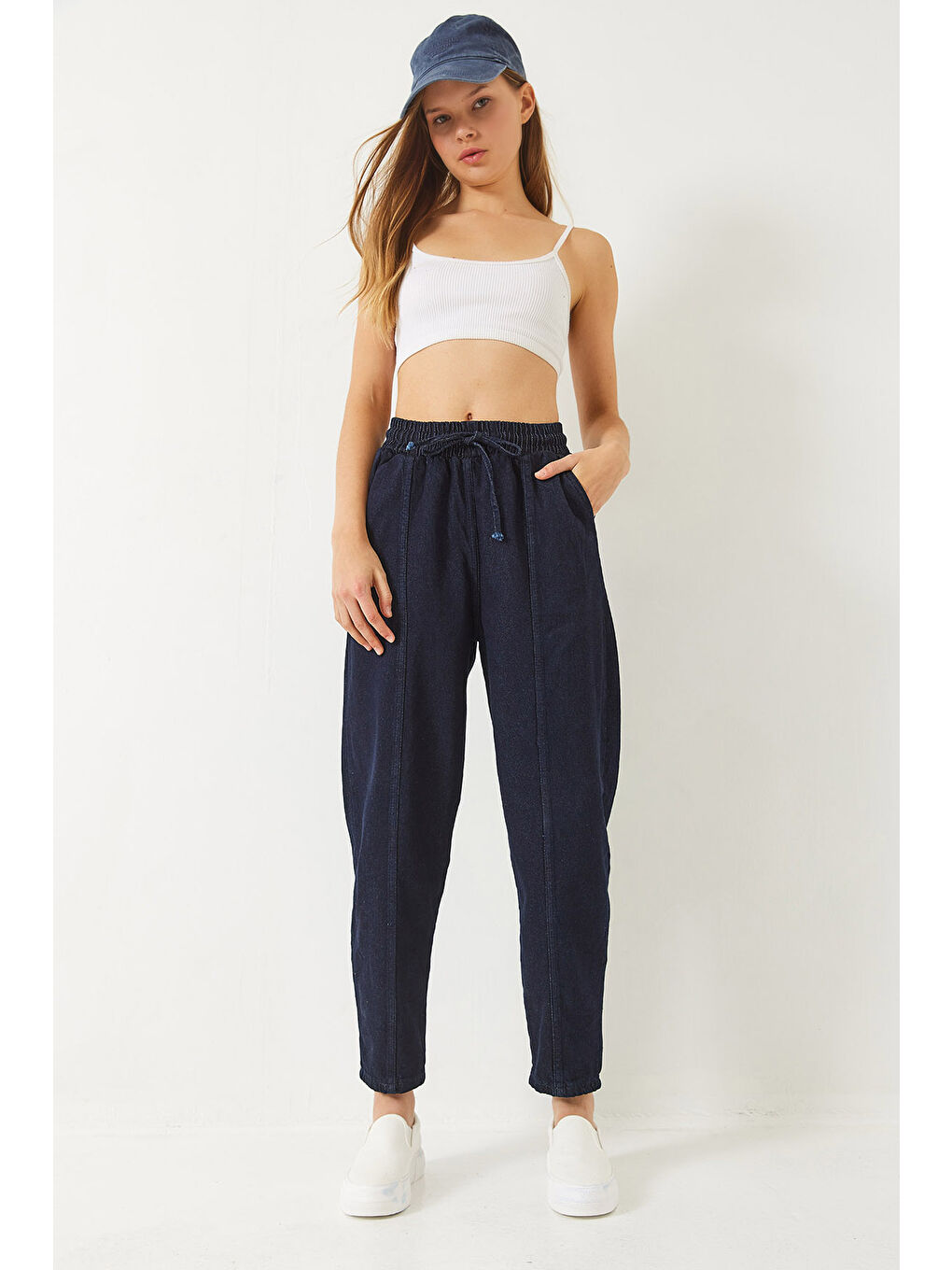 Lacivert Kadın Beli Lastikli Cepli Jogger Denim Pantolon