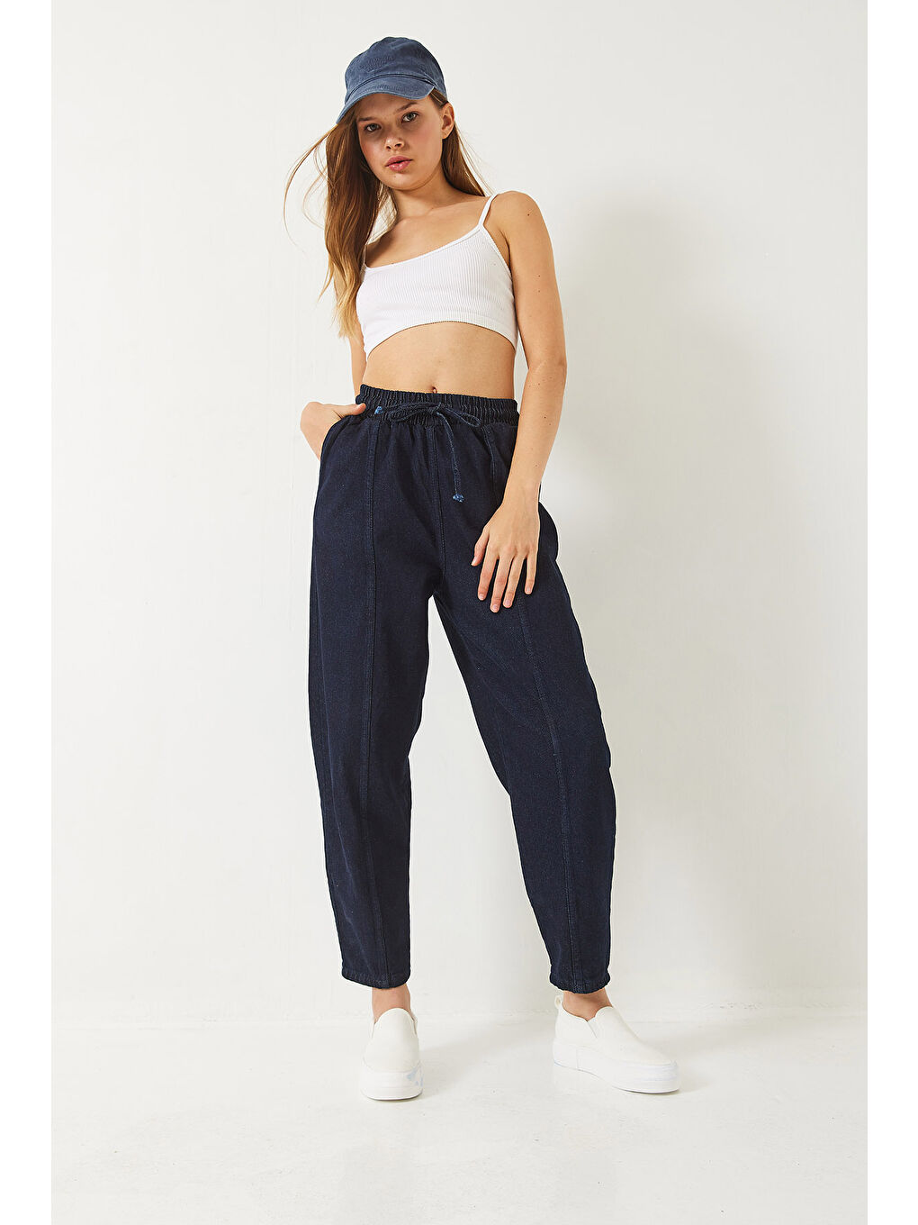 Lacivert Kadın Beli Lastikli Cepli Jogger Denim Pantolon-1