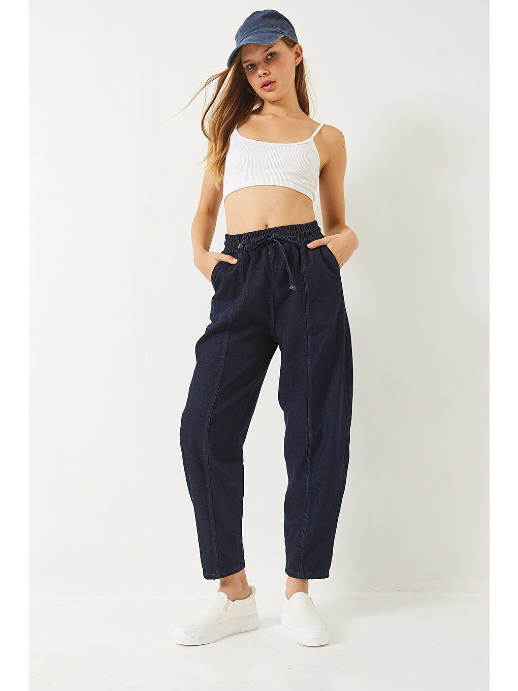 Lacivert Kadın Beli Lastikli Cepli Jogger Denim Pantolon-2