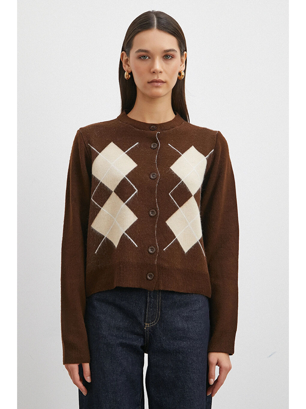 Karışık Düğmeli Baklava Desenli Hırka Kahve-4