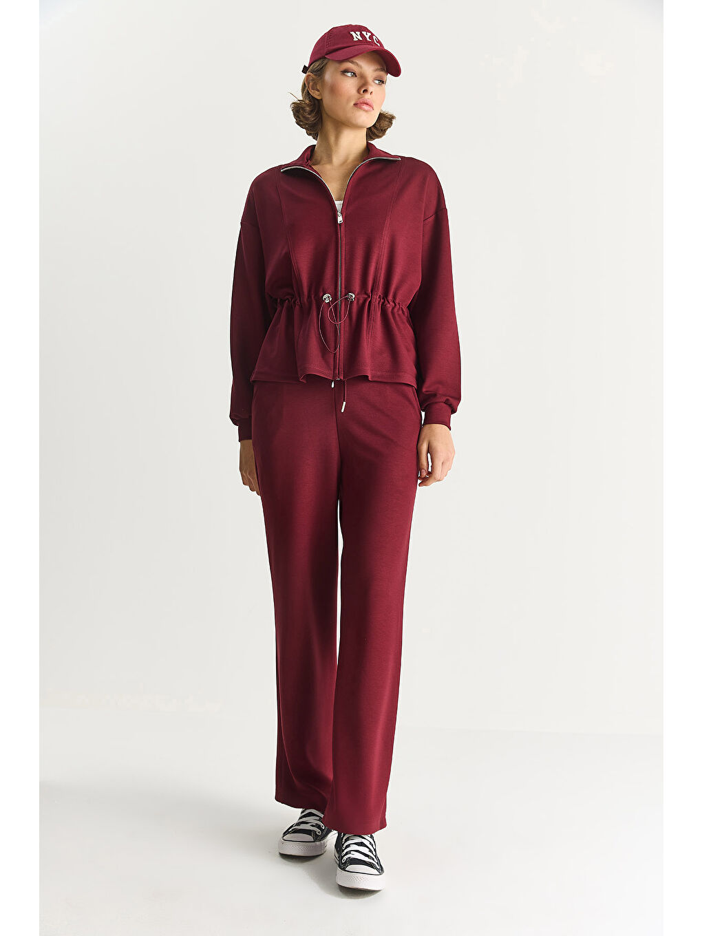 Bordo Kadın Yumuşak Dokulu Bel Ayarlamalı Ceket Pantolon Modal Takım-5