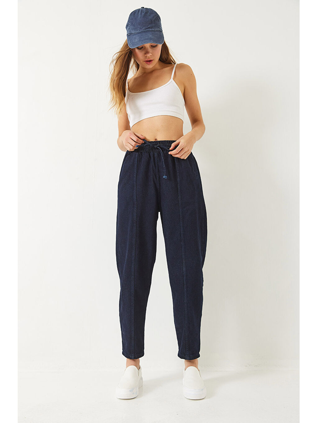 Lacivert Kadın Beli Lastikli Cepli Jogger Denim Pantolon-3