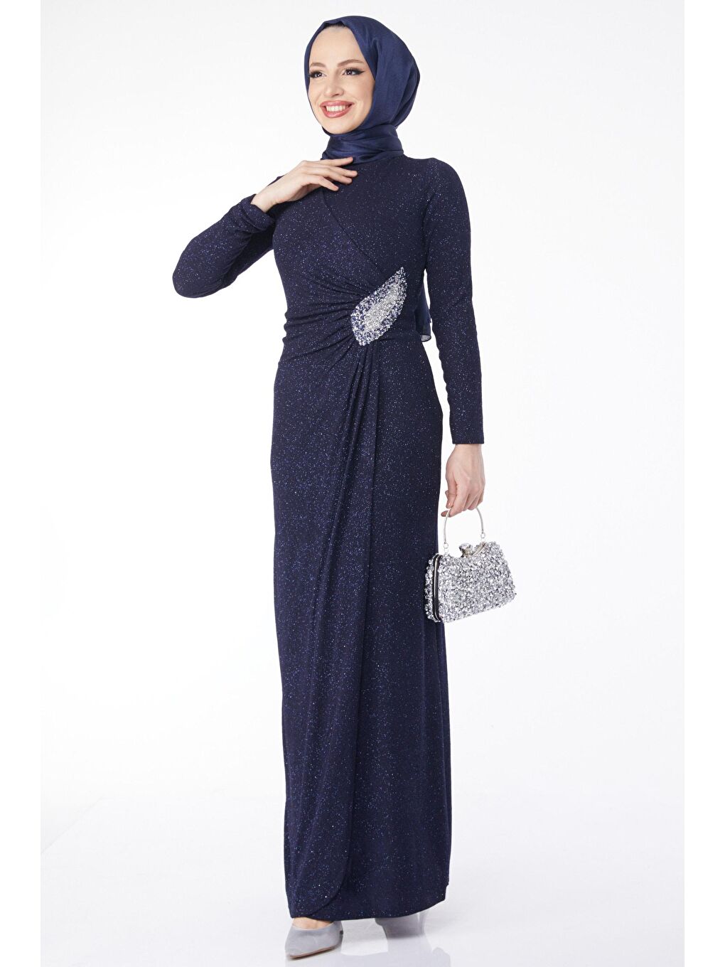 Bisiklet Yaka Kadın Lacivert Beli Taş Detaylı Abiye Elbise - 24586-2