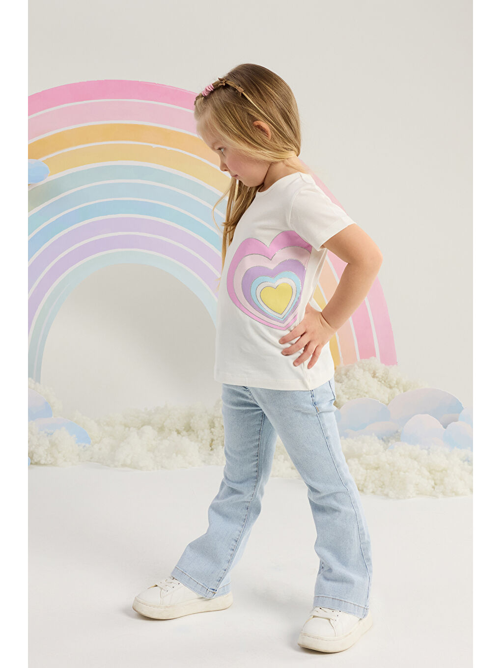 Kız Çocuk Kalp Baskılı Kız Çocuk Tişört  2-6 Yaş Beyaz-1