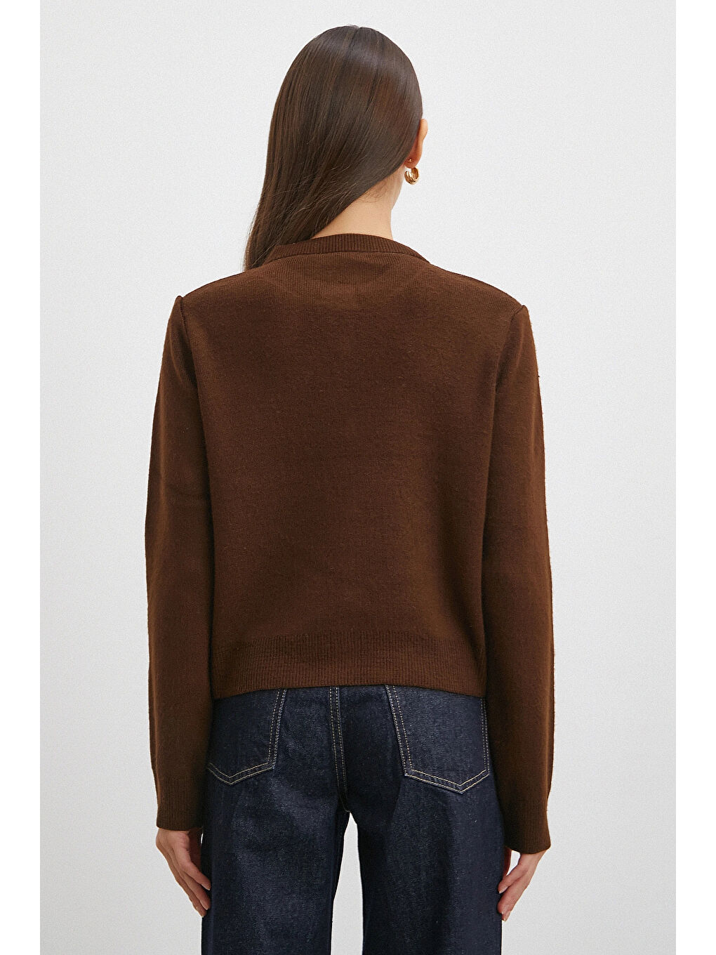 Karışık Düğmeli Baklava Desenli Hırka Kahve-5