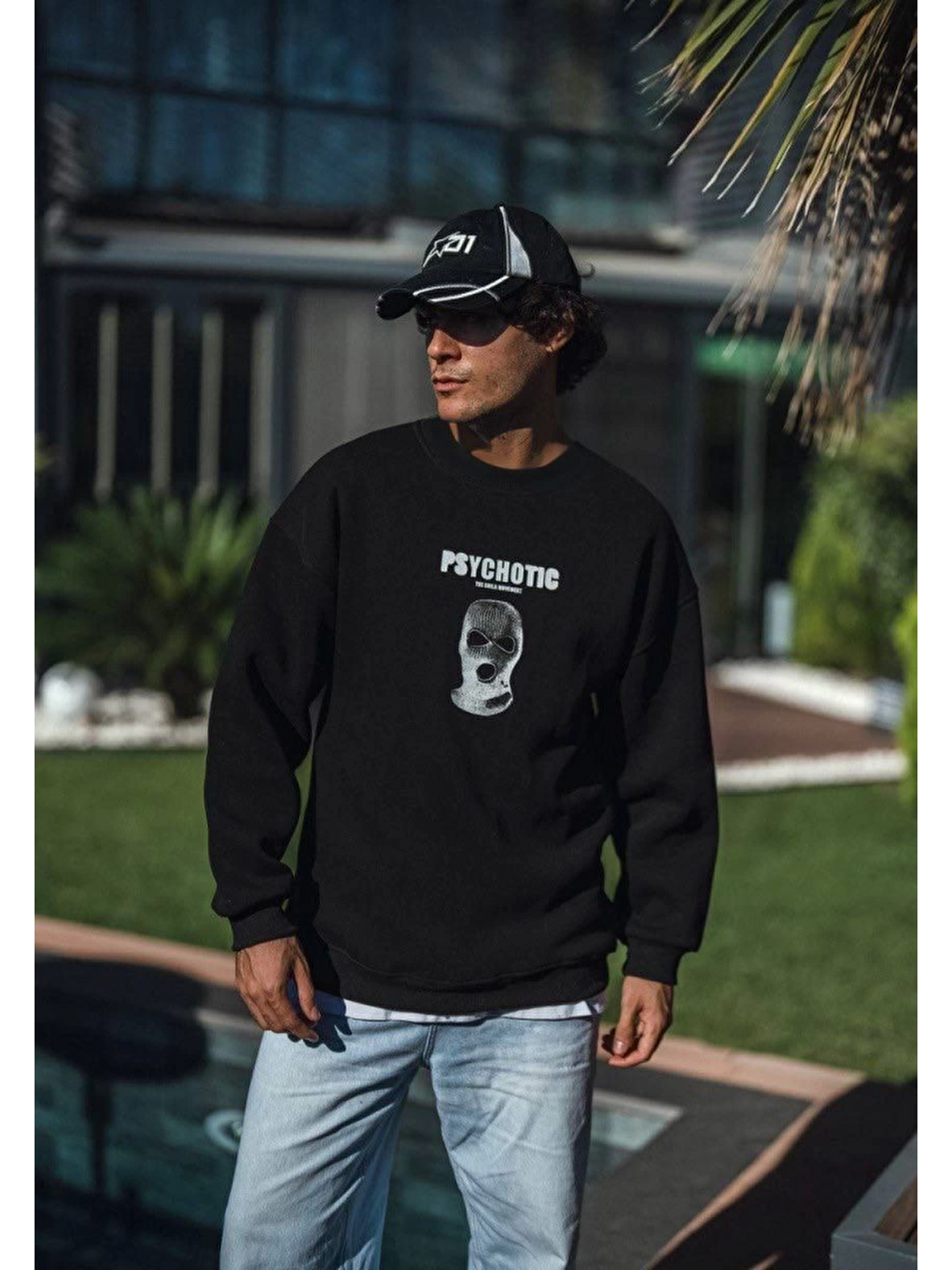 Kışlık Bisiklet Yaka Baskılı Sweatshirt - Siyah-2